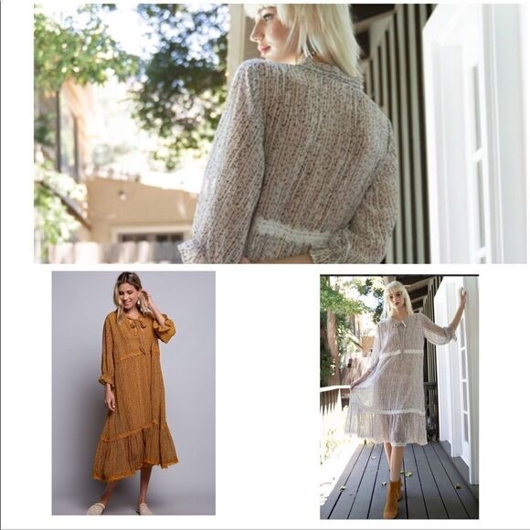 COTTAGE Core  A Shape  Lace Trimmed Dress w/ 3/4 Sleeves - Picture 8 of 16